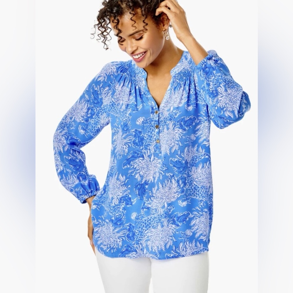 2 for $60🌺 Lilly Pulitzer Elsa Top Boca Blue Croc Floral Silk Blouse  XS